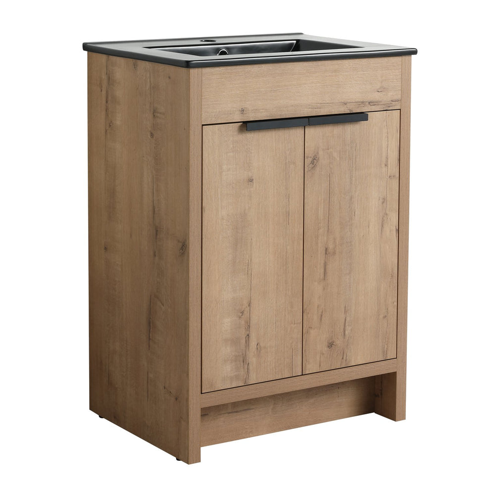English Elm 24" Freestanding Bathroom Vanity with Black Ceramic Sink, Eco Plywood, Soft-Close Doors & Shelf W999S00102