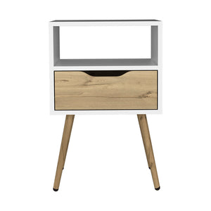 English Elm Nightstand With Open Shelf & Drawer, Scandinavian-Style White & Light Oak Finish For Small Spaces B092122935