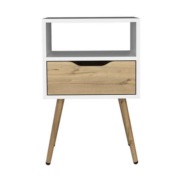 English Elm Nightstand With Open Shelf & Drawer, Scandinavian-Style White & Light Oak Finish For Small Spaces B092122935