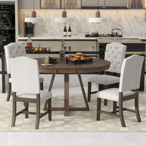 English Elm Trexm Mid-century Extendable Round Dining Set Acacia Veneer Table Four Tufted Chairs ST000094AAD