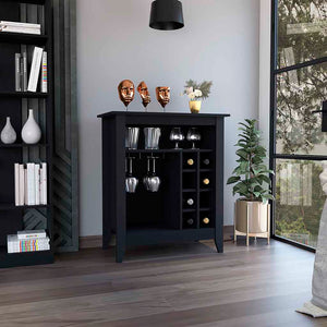 English Elm Bar Cabinet Castle with Six Wine Cubbies and Open Shelf, Elegant Wengue Finish, Decorative Top Black B092122883