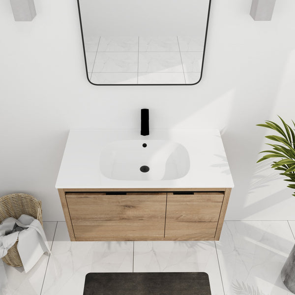 English Elm 36 Inch Floating Bathroom Vanity with Gel Basin, Soft-Close Doors & Drawers, Water-Resistant Ply Finish W99990145