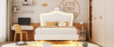 English Elm Full Size Upholstered Bed Frame With Led Lights,Modern Upholstered Princess Bed With Crown Headboard,White