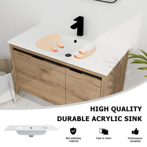 English Elm 36 Inch Floating Bathroom Vanity with Gel Basin, Soft-Close Doors & Drawers, Water-Resistant Ply Finish W99990145