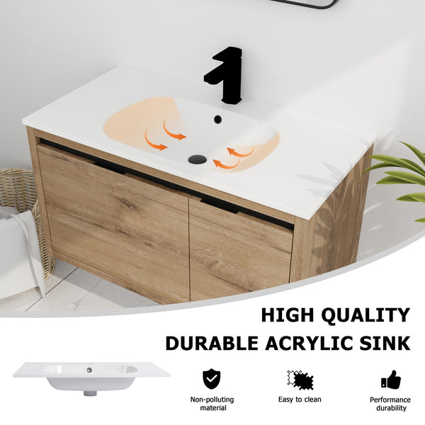 English Elm 36 Inch Floating Bathroom Vanity with Gel Basin, Soft-Close Doors & Drawers, Water-Resistant Ply Finish W99990145