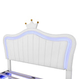 English Elm Full Size Upholstered Bed Frame With Led Lights,Modern Upholstered Princess Bed With Crown Headboard,White