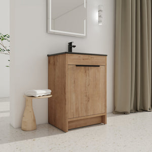 English Elm 24" Freestanding Bathroom Vanity with Black Ceramic Sink, Eco Plywood, Soft-Close Doors & Shelf W999S00102