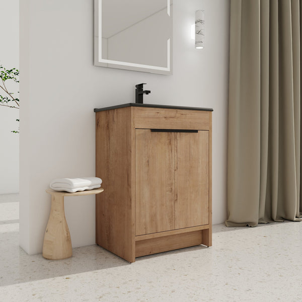 English Elm 24" Freestanding Bathroom Vanity with Black Ceramic Sink, Eco Plywood, Soft-Close Doors & Shelf W999S00102