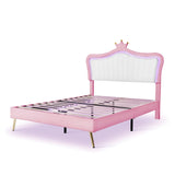 English Elm Queen Size Upholstered Bed Frame With Led Lights,Modern Upholstered Princess Bed With Crown Headboard,White+Pink