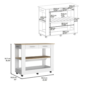 English Elm Kitchen Island 46 Inches Dozza, Two Drawers, White / Light Oak Finish