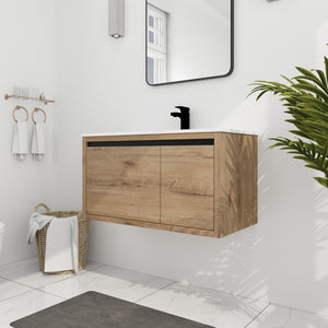 English Elm 36 Inch Floating Bathroom Vanity with Gel Basin, Soft-Close Doors & Drawers, Water-Resistant Ply Finish W99990145