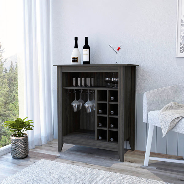 English Elm Bar Cabinet Castle with Six Wine Cubbies and Open Shelf, Elegant Wengue Finish, Decorative Top Espresso B092122884