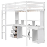 Hearth and Haven Zanesville Twin Loft Bed with Multi storage Desk, LED light, Bedside Tray and Charging Station, White