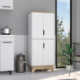 English Elm Double Kitchen Pantry Wallas, Double Door, Four Legs, Four Shelves, Light Oak / White Finish