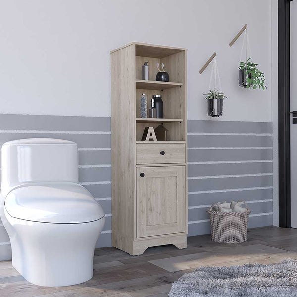 English Elm Linen Cabinet Light Gray - Stylish Compact Storage With Drawer, Open Shelves & Hidden Cabinet Space B092122878