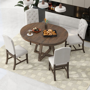 English Elm Trexm Mid-century Extendable Round Dining Set Acacia Veneer Table Four Tufted Chairs ST000094AAD