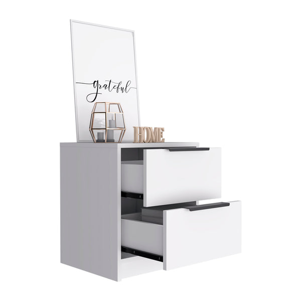 English Elm Nightstand With Two Drawers, Sleek Metal Handles, White Finish For Modern Bedroom Storage Solutions B092122886