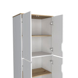 English Elm Double Kitchen Pantry Wallas, Double Door, Four Legs, Four Shelves, Light Oak / White Finish