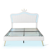 English Elm Queen Size Upholstered Bed Frame With Led Lights,Modern Upholstered Princess Bed With Crown Headboard,White