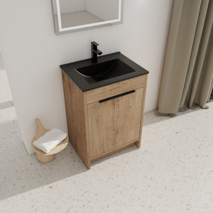 English Elm 24" Freestanding Bathroom Vanity with Black Ceramic Sink, Eco Plywood, Soft-Close Doors & Shelf W999S00102