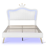 English Elm Full Size Upholstered Bed Frame With Led Lights,Modern Upholstered Princess Bed With Crown Headboard,White