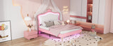 English Elm Full Size Upholstered Bed Frame With Led Lights,Modern Upholstered Princess Bed With Crown Headboard,White+Pink