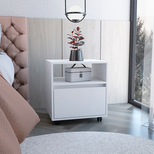 English Elm Nightstand Munyochi - Compact White Storage Solution With Drawer For Small Spaces & Modern Decor B092123114
