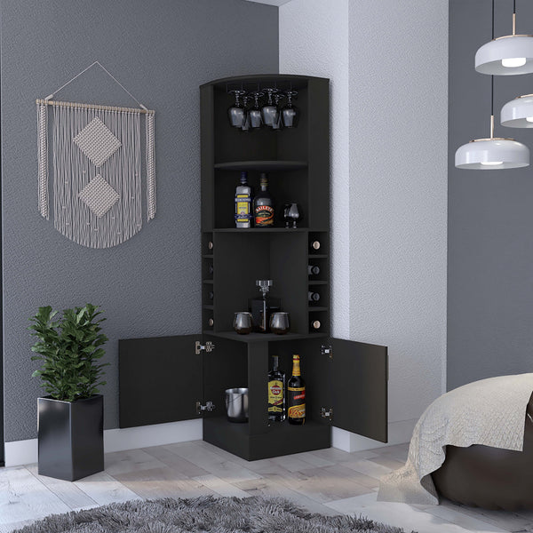 English Elm Bar Cabinet Papprika - Stylish Black Wengue Finish With 8 Wine Cubbies & Double Door Storage Solution B092122822