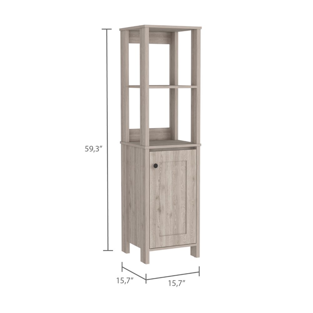 English Elm Linen Cabinet Jannes - Light Gray Finish, Two Open Shelves & Single Door For Stylish Bathroom Storage B092122957