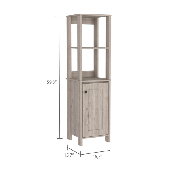 English Elm Linen Cabinet Jannes - Light Gray Finish, Two Open Shelves & Single Door For Stylish Bathroom Storage B092122957