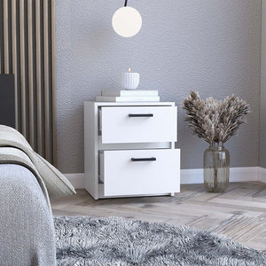 English Elm Nightstand With Two Drawers And Open Shelf - Elegant White Chequered Design For Stylish Storage Solutions B092123118