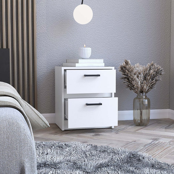 English Elm Nightstand With Two Drawers And Open Shelf - Elegant White Chequered Design For Stylish Storage Solutions B092123118