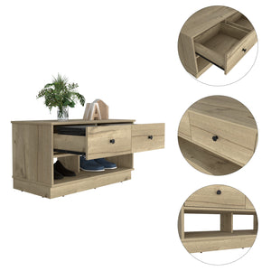 English Elm Storage Bench Beji with Two Drawers and Lower Shelf - Modern Entryway Seat with Shoe Storage and Elegant Finish Light Oak B092122869