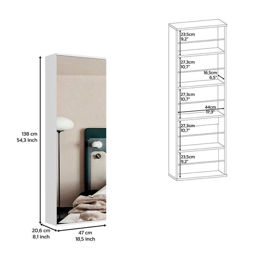 English Elm Wall Mounted Shoe Rack With Mirror Door, Single-Door White Particle Board Organizer, 10-Pair Capacity, Slim Space-Saving 54.3" H x 18.5" W x 8.1" D B092122936
