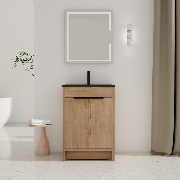 English Elm 24" Freestanding Bathroom Vanity with Black Ceramic Sink, Eco Plywood, Soft-Close Doors & Shelf W999S00102