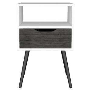English Elm Nightstand With Open Shelf & Drawer In Smokey Oak And White - Modern Storage Solution For Bedrooms B092122934
