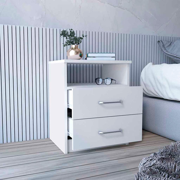 English Elm Nightstand Olienza - Stylish White Finish With 2 Drawers & Open Shelf For Organized Nighttime Essentials B092122826