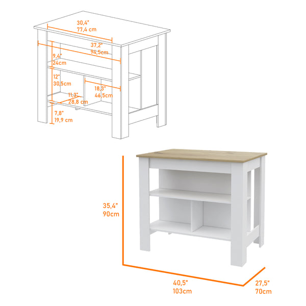 English Elm Kitchen Island Dozza: Modern White & Light Oak Design With 3 Shelves For Stylish & Efficient Storage B092122906