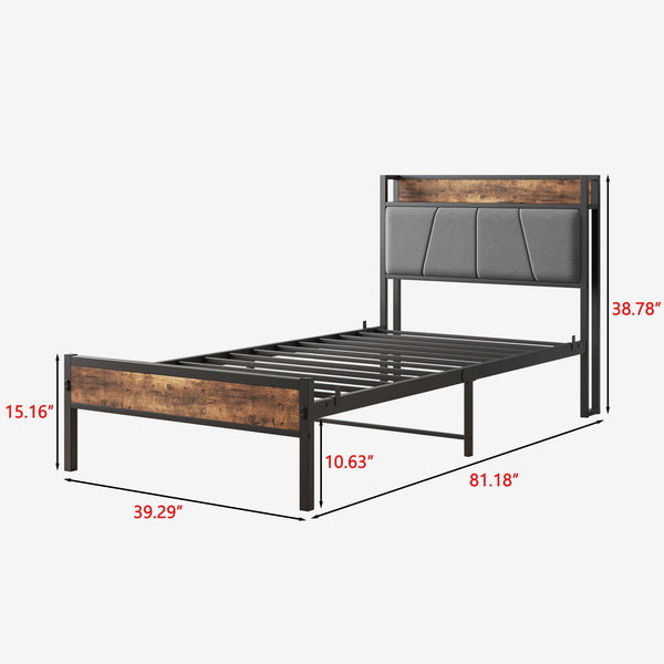 English Elm Twin Twin Size Bed Frame with Storage Headboard, USB Charging Ports, Gray Upholstered, Sturdy Metal Slats W840120026