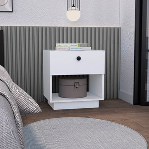 English Elm Nightstand Viliigili – Modern White Finish With One Drawer & Open Shelf For Small Spaces & Storage B092123120