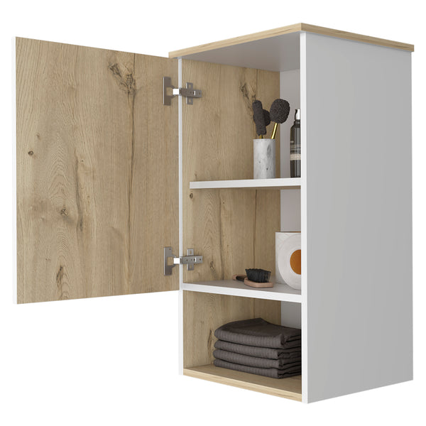 English Elm Medicine Cabinet Porto - Modern Light Oak & White Finish With Soft-Close Door & Open Shelf Storage B092123052