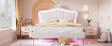 English Elm Queen Size Upholstered Bed Frame With Led Lights,Modern Upholstered Princess Bed With Crown Headboard,White