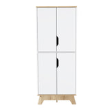 English Elm Double Kitchen Pantry Wallas, Double Door, Four Legs, Four Shelves, Light Oak / White Finish