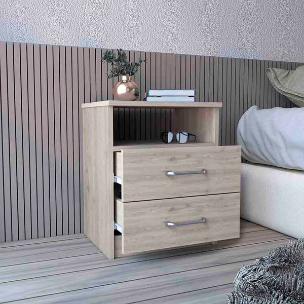 English Elm Nightstand Olienza - Modern Light Gray Design With Two Drawers & Open Shelf For Small Spaces B092122824