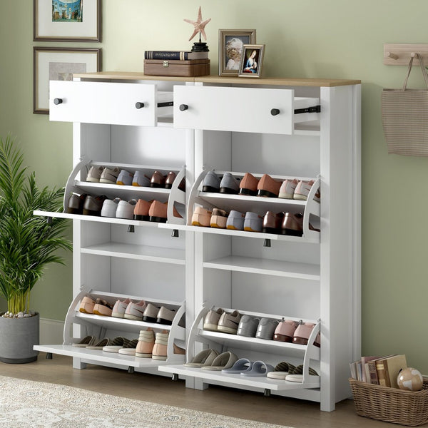 English Elm On-trend Slim Flip Drawer Shoe Cabinet Wood Grain Top Entryway Storage Modern White SD000023AAK