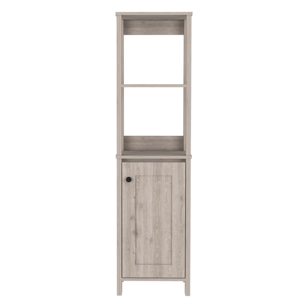 English Elm Linen Cabinet Jannes - Light Gray Finish, Two Open Shelves & Single Door For Stylish Bathroom Storage B092122957