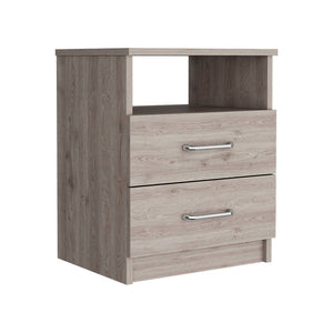 English Elm Nightstand Olienza - Modern Light Gray Design With Two Drawers & Open Shelf For Small Spaces B092122824