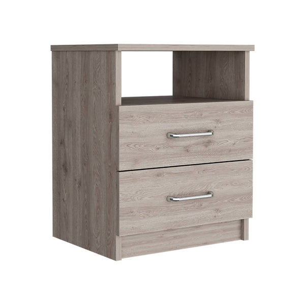 English Elm Nightstand Olienza - Modern Light Gray Design With Two Drawers & Open Shelf For Small Spaces B092122824