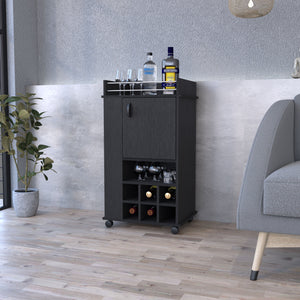 English Elm Bar Cart Reese with Smooth Casters, Six Wine Cubbies, Single Cabinet & Spacious Cocktail Surface Black B092123146