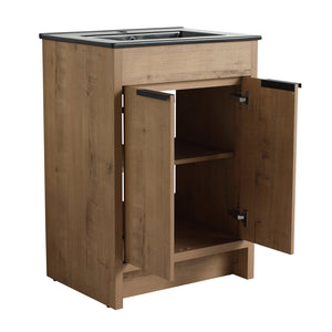 English Elm 24" Freestanding Bathroom Vanity with Black Ceramic Sink, Eco Plywood, Soft-Close Doors & Shelf W999S00102